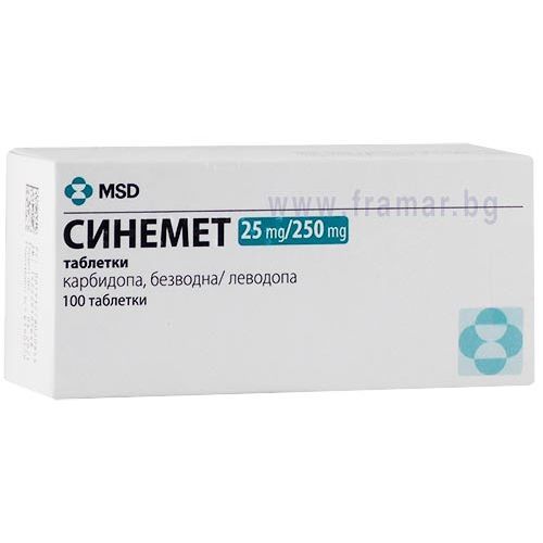 Синемет 25 mg/250 mg х100 таблетки MSD