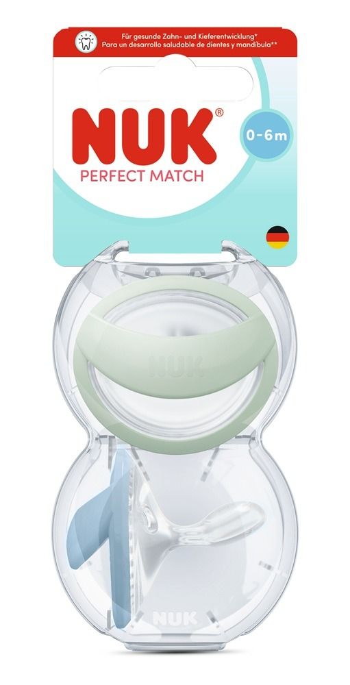 Nuk Perfect Match Mommy Feel Силиконови залъгалки за деца от 0 до 6 месеца х2 броя, зелена/синя
