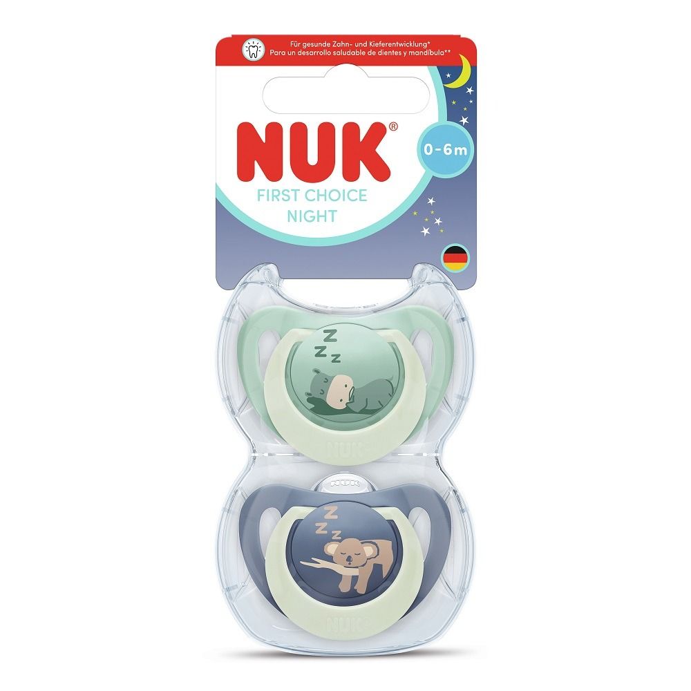 Nuk First Choice Night Силиконови залъгалки за деца от 0 до 6 месеца х2 броя, хипо/коала
