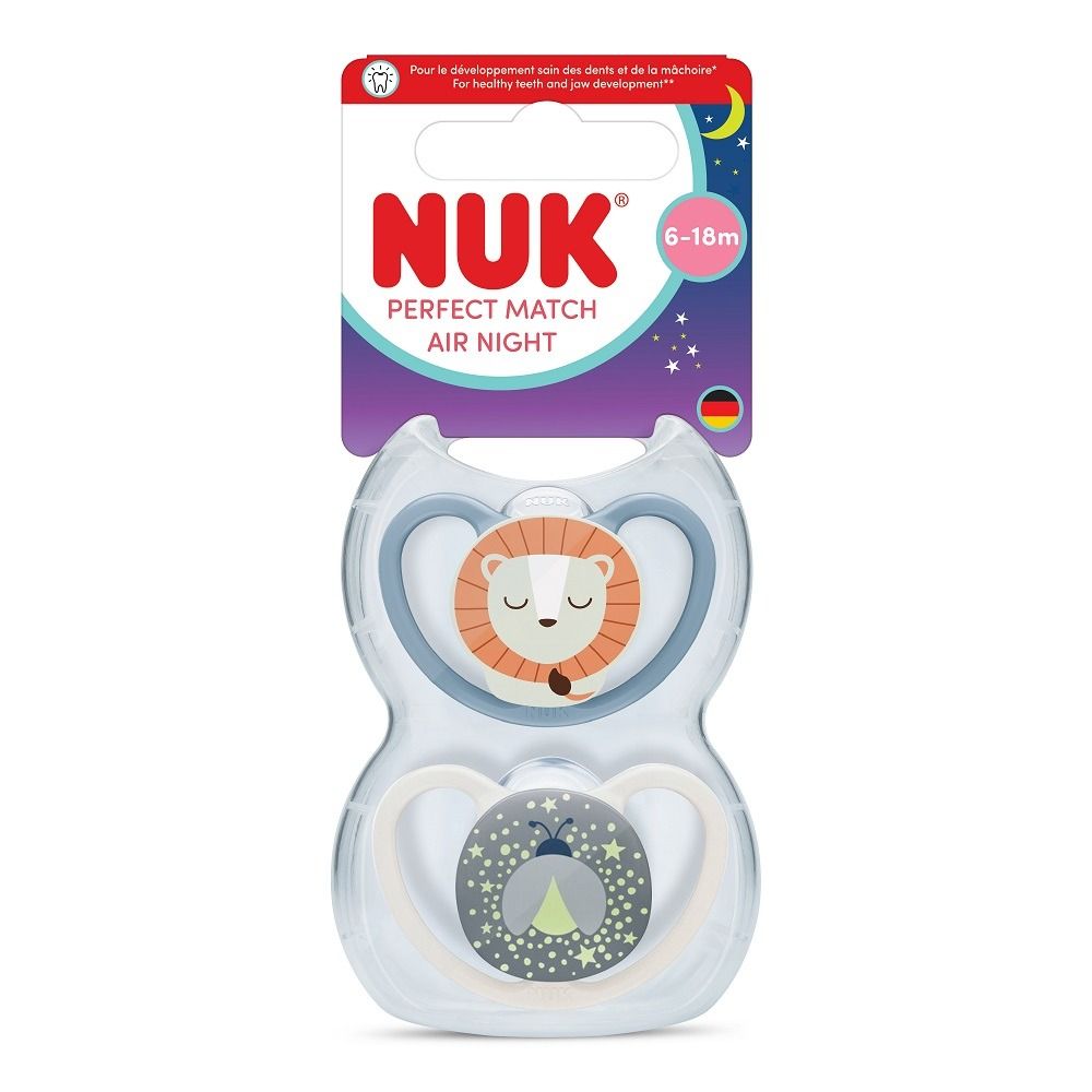 Nuk Perfect Match Air Night Силиконови залъгалки за деца от 6 до 18 месеца х2 броя, Лъвче
