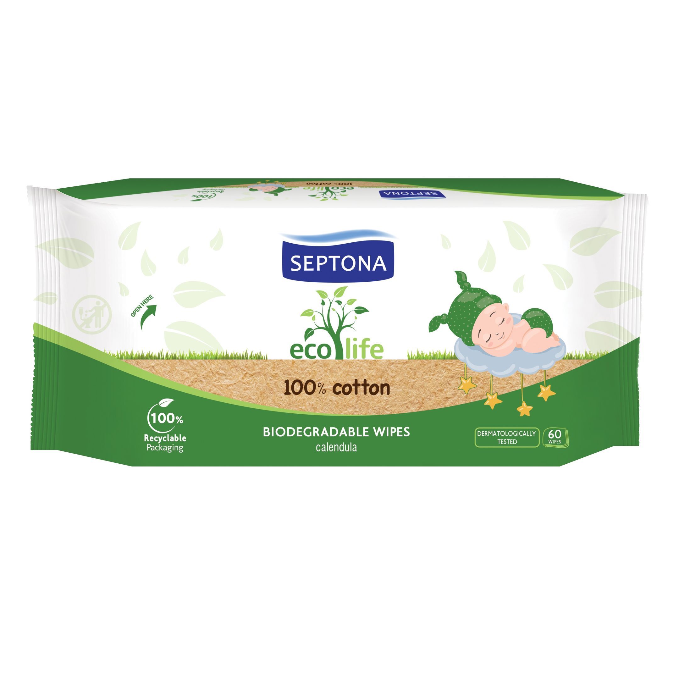 Septona Eco Life Биоразградими бебешки влажни кърпички 100% памук x60 броя