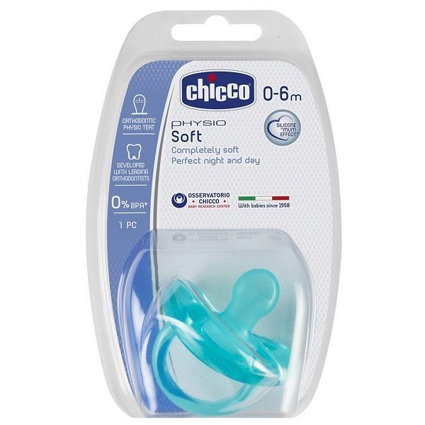 Chicco Physio Soft Залъгалка силикон за деца от 0 до 6 месеца, цвят син
