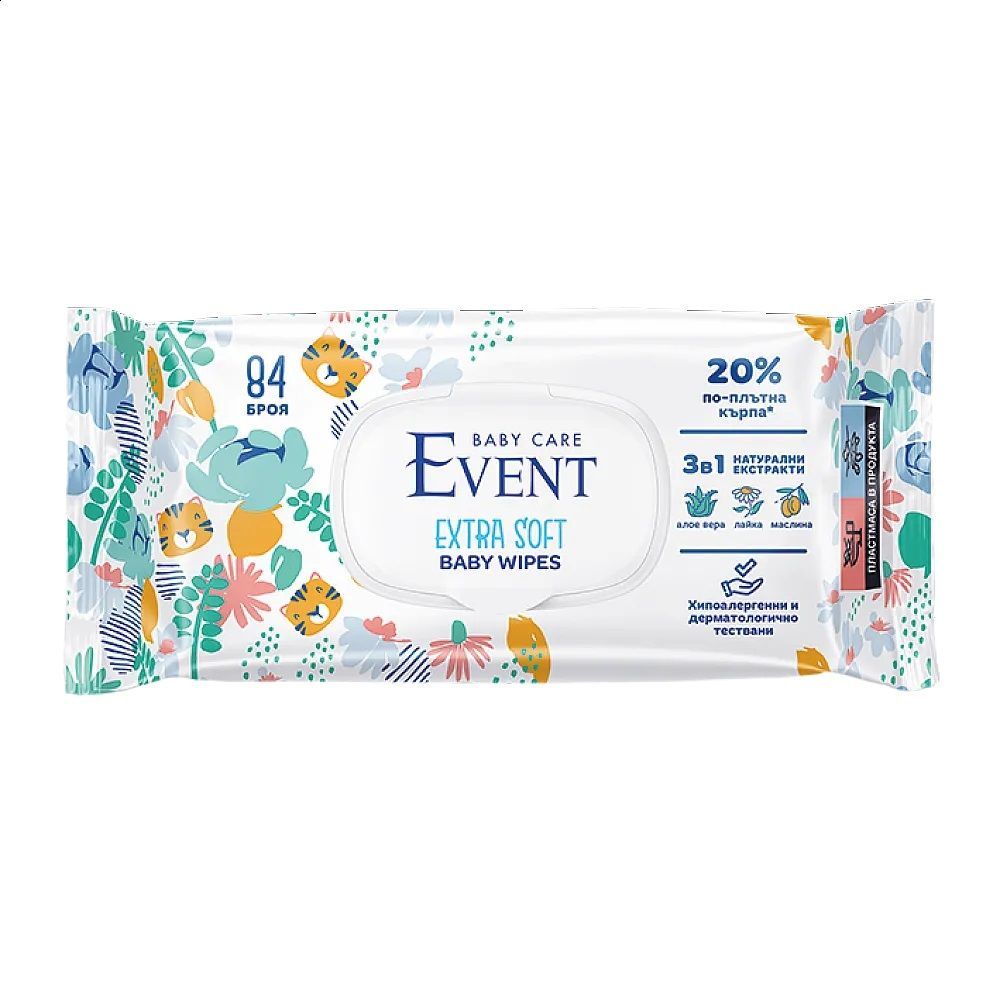 Event Baby Care Влажни кърпи Extra Soft с екстракт от алое вера, лайка и маслина x84 броя