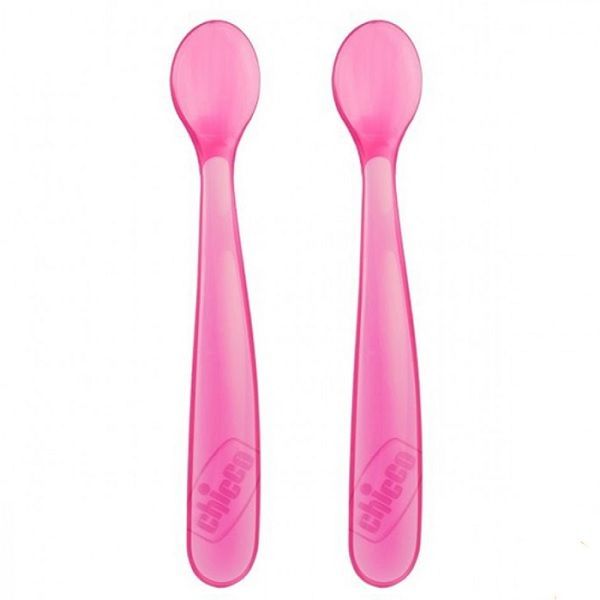 Chicco Меки силиконови лъжички за деца над 6 месеца x2 броя, цвят розов