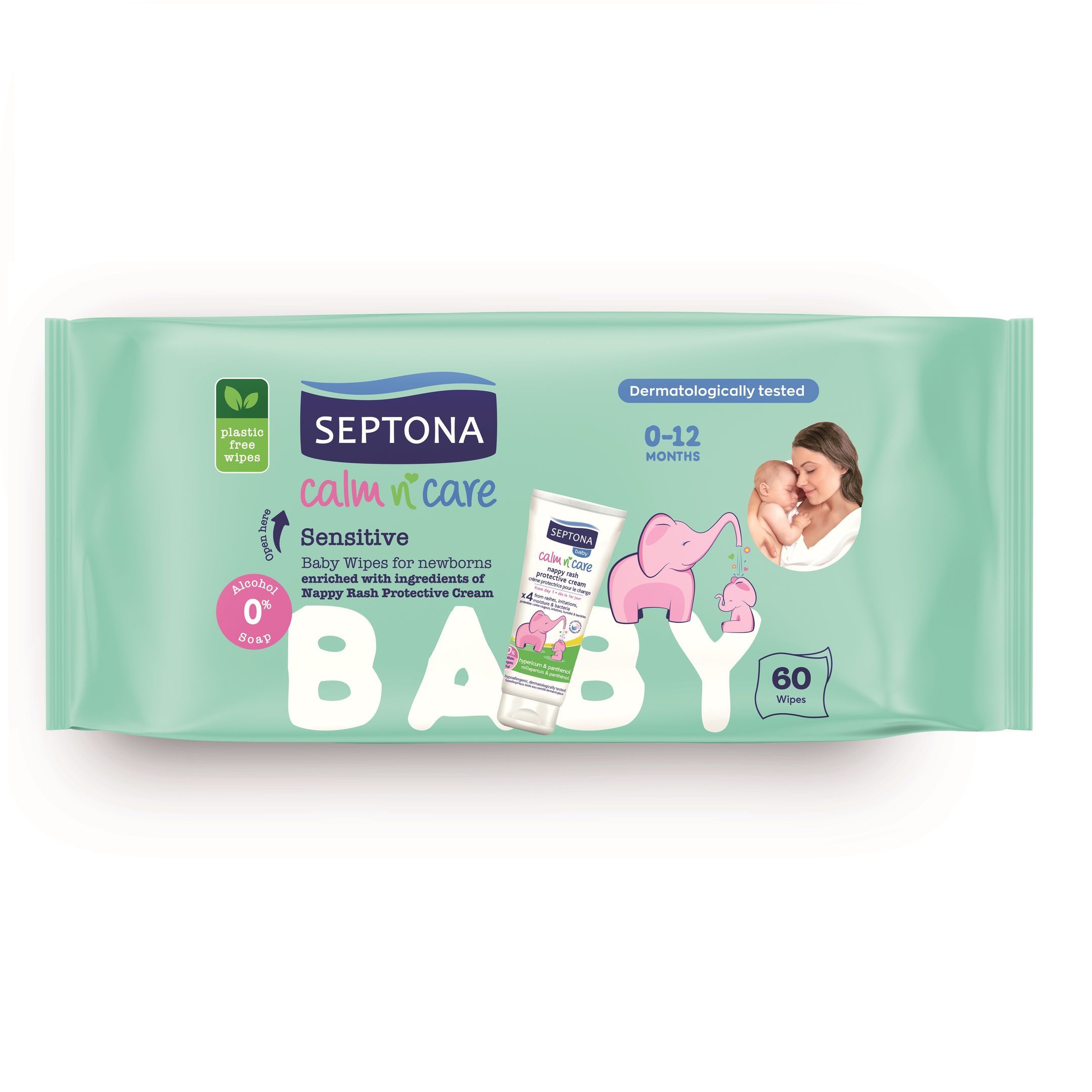 Septona Sensitive Бебешки влажни кърпички със защитен крем при подсичане x60 броя