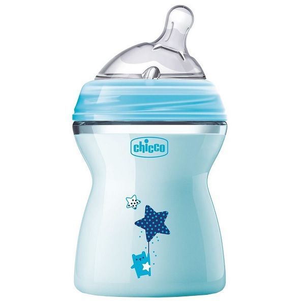 Chicco Natural Feeling Шише за хранене със силиконов биберон с две капки за деца над 2 месеца x250 мл, цвят син