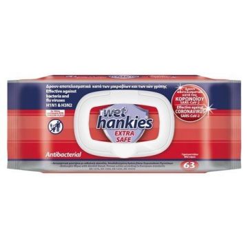 Wet Hankies Extra Safe Антибактериални мокри кърпи x63 броя