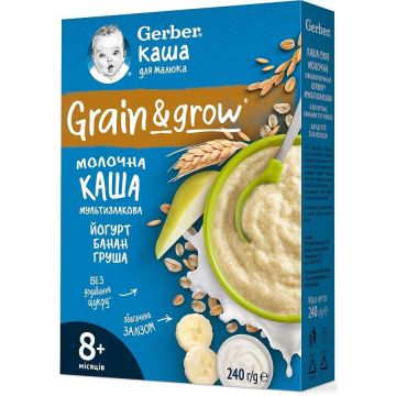 Gerber Овесено-пшенична млечна каша с йогурт, банан и круша 8М+ х240 г