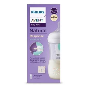 Avent Natural Response Шише за хранене с клапа AirFree с биберон без протичане 1м+ x260 мл, сила на потока 3, Мече