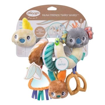 PlayGro Fauna Friends Мека плюшена спирала за количка или бебешка кошара Twirly Whirly, 0+ месеца