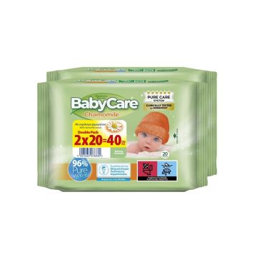 Baby Care Chamomile Бебешки мокри кърпи с екстракт от лайка 2х20 броя