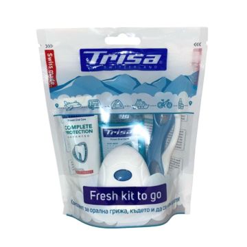 Trisa Fresh Kit to Go Промо комплект за пътуване Вода, Четка и Паста за зъби, Конец за зъби с подарък Несесер