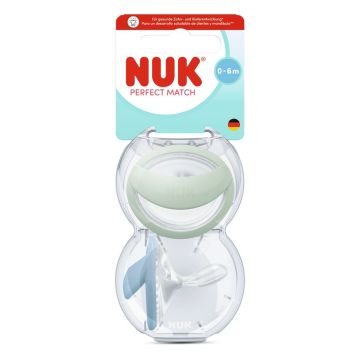 Nuk Perfect Match Mommy Feel Силиконови залъгалки за деца от 0 до 6 месеца х2 броя, зелена/синя
