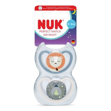 Nuk Perfect Match Air Night Силиконови залъгалки за деца от 0 до 6 месеца х2 броя, Лъвче