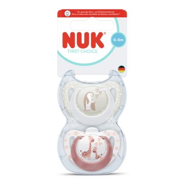Nuk First Choice Силиконова залъгалка за деца от 0 до 6 месеца х2 броя, пингвин/жираф