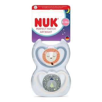 Nuk Perfect Match Air Night Силиконови залъгалки за деца от 6 до 18 месеца х2 броя, Лъвче