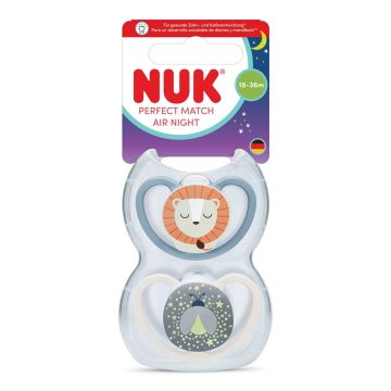 Nuk Perfect Match Air Night Силиконови залъгалки за деца от 18 до 36 месеца х2 броя, Лъвче