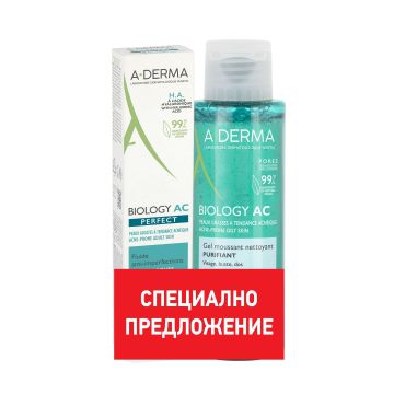 A-Derma Комплект за лице Biology AC Perfect Флуид срещу следи и несъвършенства и Biology AC Измиваща гел пяна за мазна и склонна към акне кожа