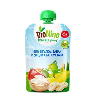 Bionino Био плодова закуска с ябълки, банан, ягода и сметана 6м+ х90 грама, 2539