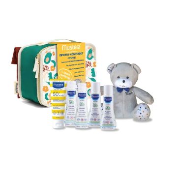 Mustela Комплект Слънцезащитен лосион SPF50, измиващ гел, лосион за тяло и мечето Мусти