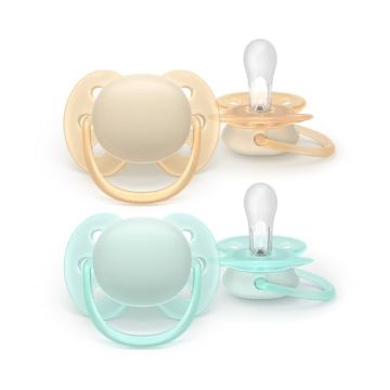 Avent Ultra Soft Залъгалка от 0 до 6 месеца х2 броя, син/жълт