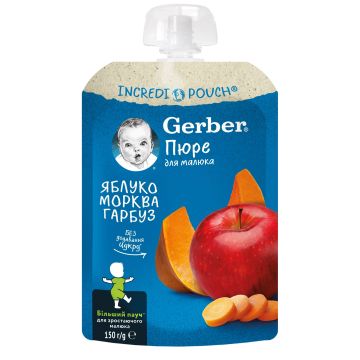 Gerber Плодова закуска Ябълки, моркови и тиква за деца от 6-ия месец x150 грама