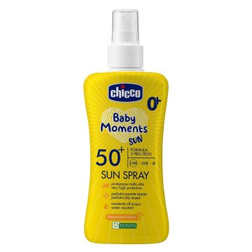 Chicco Baby Moments Sun Слънцезащитен спрей мляко за бебета 0+ месеца SPF50+ x150 мл