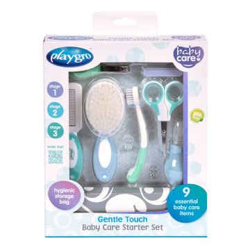 Playgro Хигиенен комплект от 7 основни аксесоара за Грижа за бебето Gentle Touch в торбичка за съхранение, 0м+