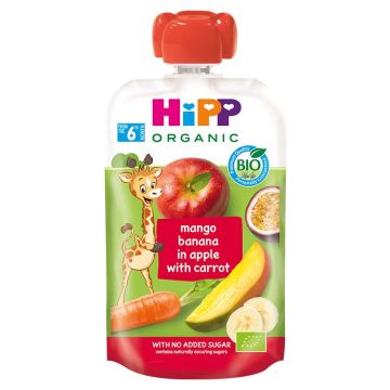 Hipp Био закуска манго, банан, ябълка и морков х100 г - 42534