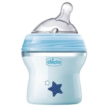 Chicco Natural Feeling Шише за хранене със силиконов биберон с една капка за деца над 0 месеца x150 мл, цвят син