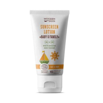Wooden Spoon Baby&Family Био слънцезащитен лосион за лице и тяло за цялото семейство SPF30 х150 мл