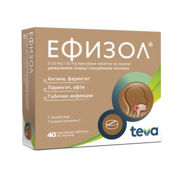 Ефизол таблетки за смучене при болно гърло х40 броя Teva