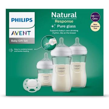 Avent Natural Response Подаръчен комплект за бебе с 3 стъклени шишета за хранене с биберони без протичане и залъгалка