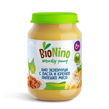 Bionino Био пюре зеленчуци с паста и крехко пилешко месо за деца над 8 месечна възраст x190 грама