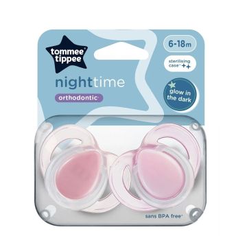 Tommee Tippee Night Time Ортодонтични залъгалки от 6 до 18 месеца х2 броя, розови