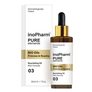 InoPharm Pure Elements Серум за лице и шия с био масла от шипка и вечерна иглика x30 мл