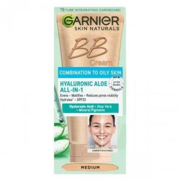 Garnier Skin Naturals BB Cream Hyaluronic Aloe  All-In-1 Дневен BB крем за лице за смесена до мазна кожа със SPF25, среден нюанс x50 мл