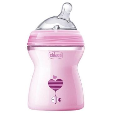Chicco Natural Feeling Шише за хранене със силиконов биберон с две капки за деца над 2 месеца x250 мл, цвят розов