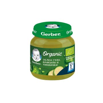 Gerber Organic Пюре от зелен грах, броколи и тиквички за деца над 4 месеца x125 грама