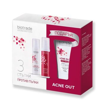 Biotrade Acne Out Промо комплект Активен лосион за мазна и акнеична кожа, Хидратиращ крем за суха кожа и Окси Уош Измивен гел