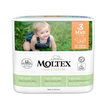 Moltex Midi 3 Еко пелени за еднократна употреба за деца от 4 до 9 килограма x33 броя