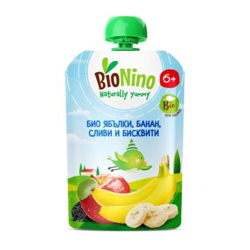 Bionino Био плодова закуска с ябълки, банан, сливи и бисквити 6м+ х90 грама