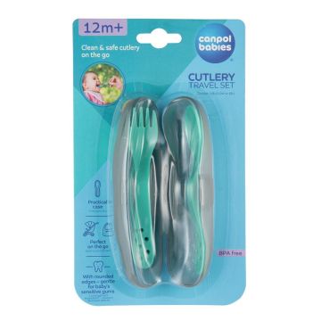 Canpol babies Комплект прибори за пътуване в кутийка 12+ месеца, Turquoise