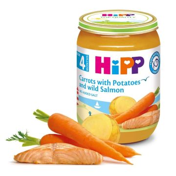 Hipp Пюре ранни моркови с картофи и сьомга за след 4 месечна възраст х190 гр - 6105