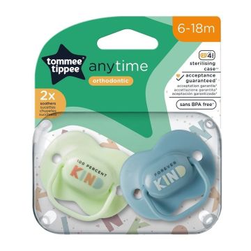 Tommee Tippee AnyTime Ортодонтични залъгалки от 6 до 18 месеца х2 броя, синя и зелена