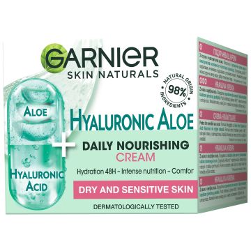 Garnier Hyaluronic Aloe Cream Подхранващ крем за лице за суха и чувствителна кожа с алое вера х50 мл