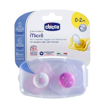 Chicco Physio Micro Залъгалка силикон за деца от 0 до 2 месеца x2 броя, цвят розов