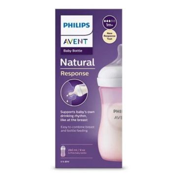 Avent Natural Response Шише за хранене с биберон без протичане за деца над 1 месец x260 мл, сила на потока 3, розово
