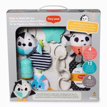Tiny Love Magical Tales Black & White Комплект за новородено с 4 сензорни играчки, халки за окачване и 12 карти с етапите на развитие по месеци