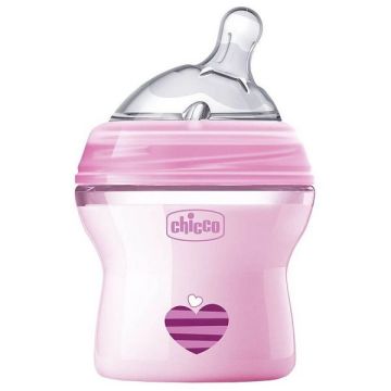 Chicco Natural Feeling Шише за хранене със силиконов биберон с една капка за деца над 0 месеца x150 мл, цвят розов